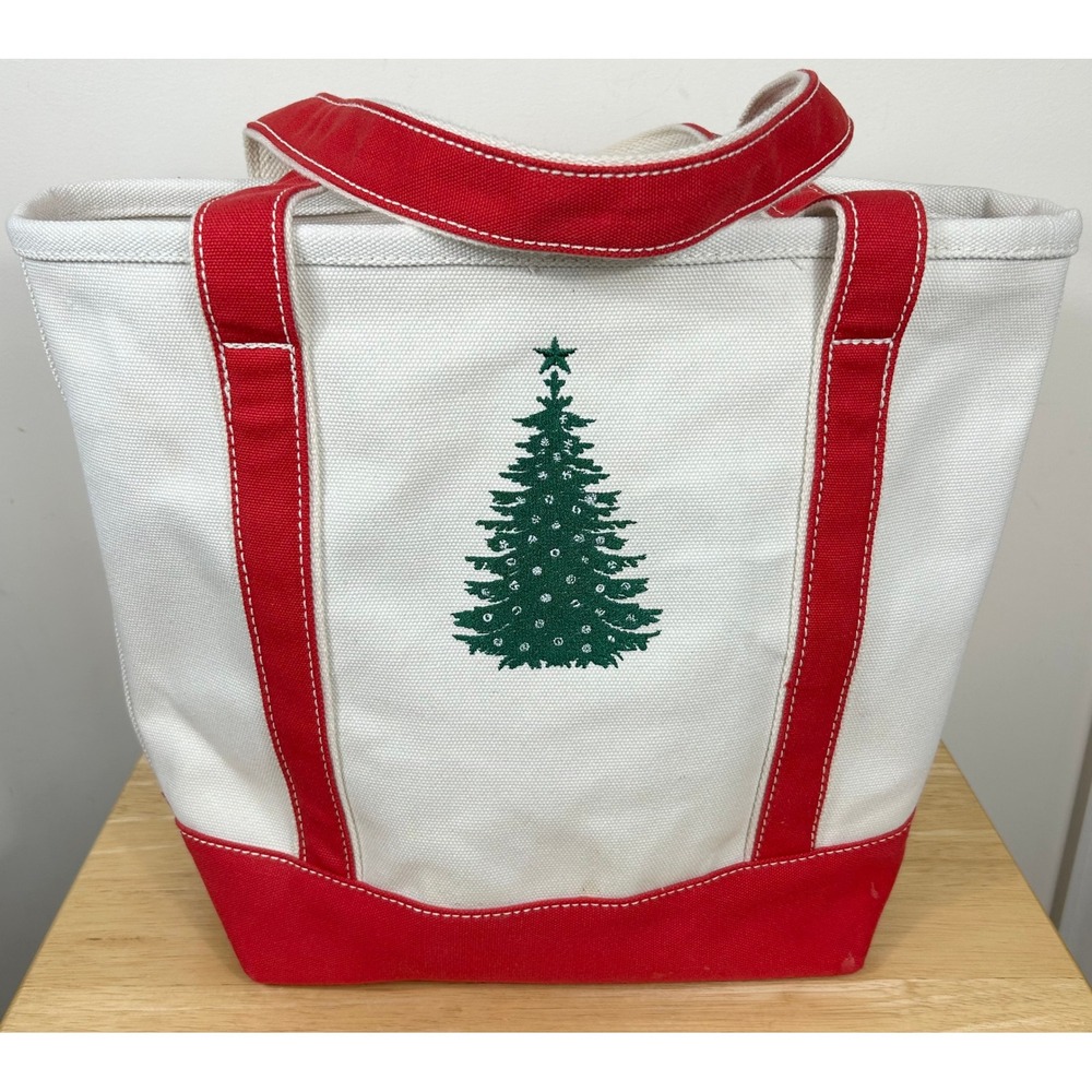 LANDS' END Tote Bag Embroidered Christmas Tree Canvas Shopping Open Top VTG 90s
